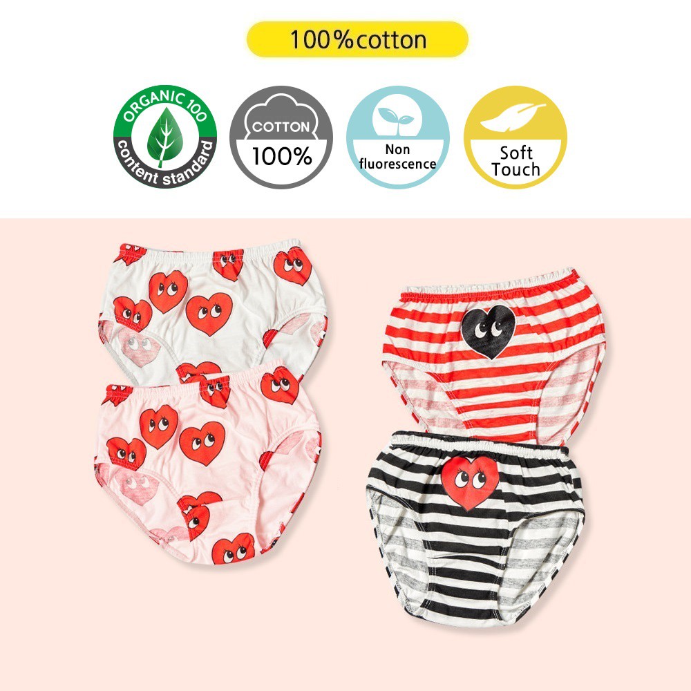 Set 4 Quần Lót 100% Cotton Họa Tiết Trái Tim Đỏ Cho Bé Gái