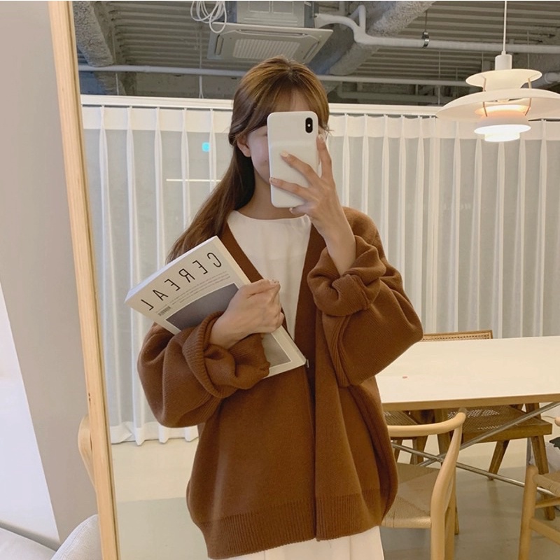 xiaozhaivn - Áo Cardigan màu trơn dáng rộng oversize đóc 3 cúc cổ V chất dày, áo khoác len dệ kim dáng rộng dành cho nữ