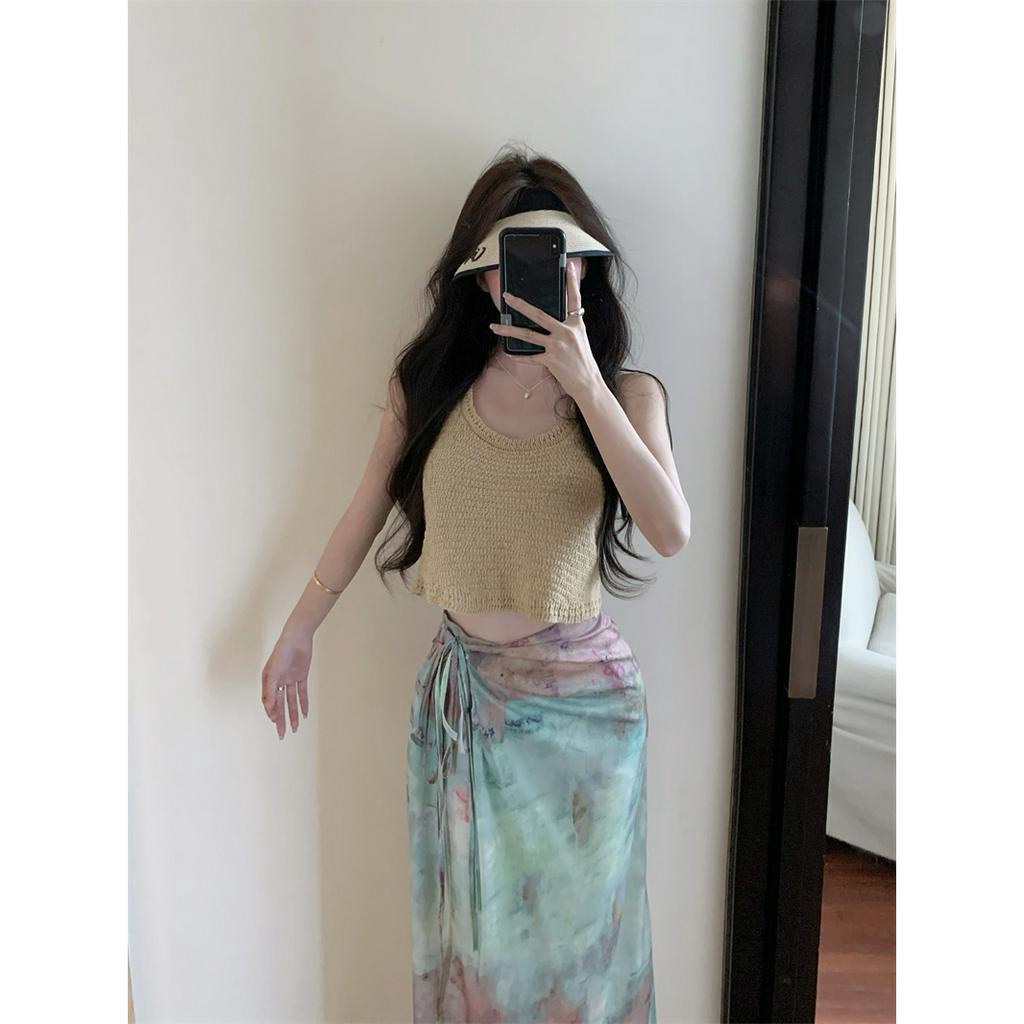 Cocory vn Bộ Áo Tank Top Dệt Kim + Chân Váy Lưng Cao Thời Trang Retro Quyến Rũ Cho Nữ