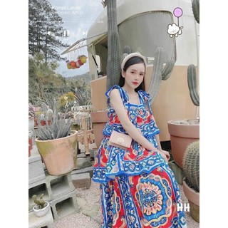 Váy Đầm 2 Dây Thổ cẩm Xếp Tầng Dáng Dài Hàng Quảng Châu Cao Cấp.