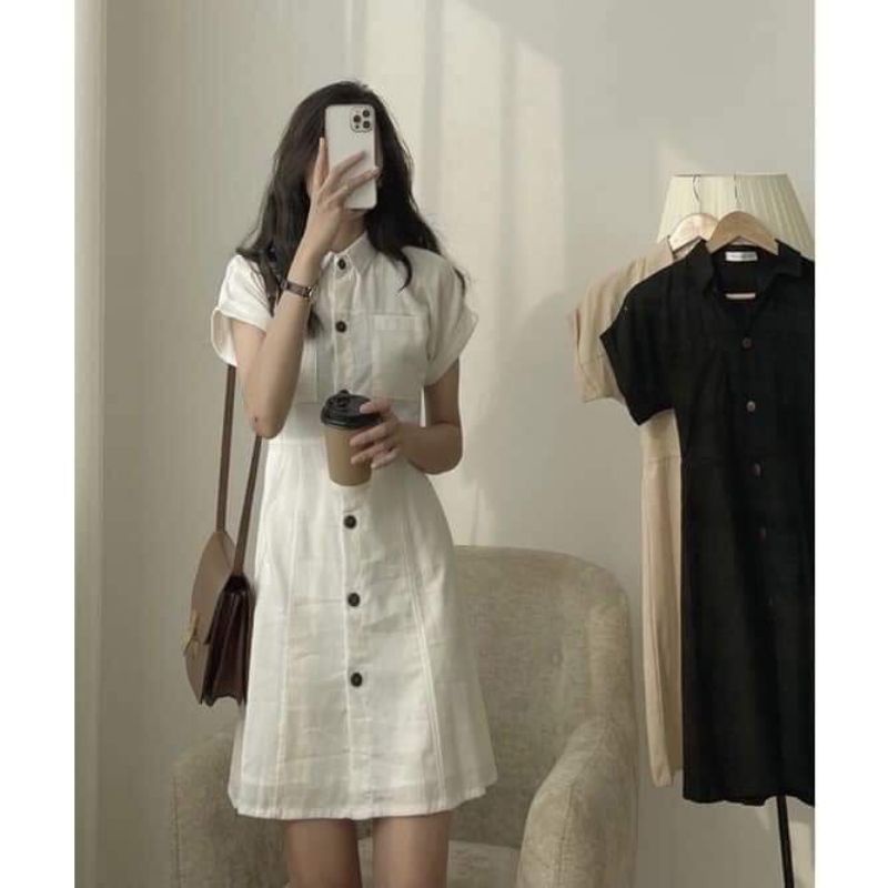 Váy Linen Cổ Somi Cúc Gỗ