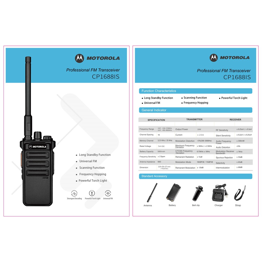 Bộ 2 Bộ đàm công suất lớn với đàm cầm tay 10W Motorola CP1688IS (Chuẩn công trường siêu bền, cự ly siêu xa)