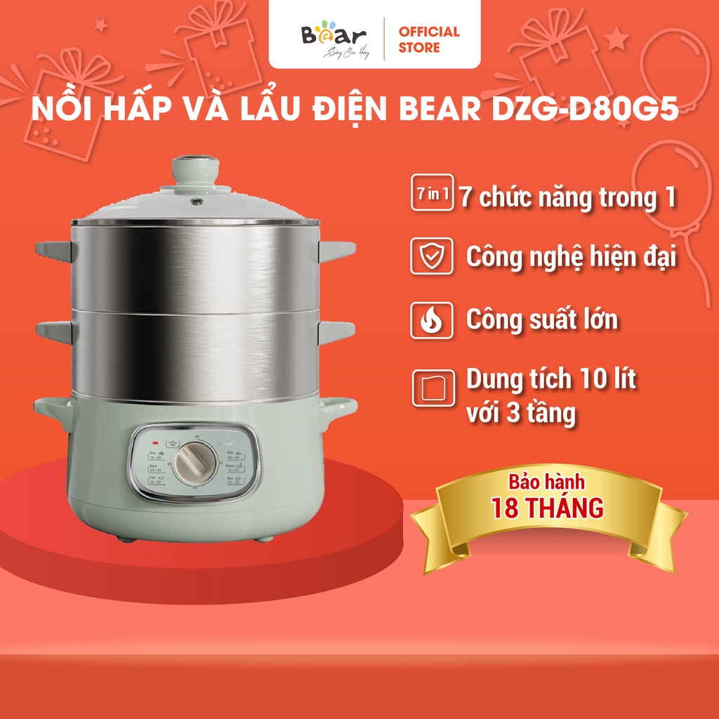 Nồi Hấp Điện 3 Tầng Bear 10L Hấp Đa Năng, Hấp Bánh Bao, Hấp Xôi, Hấp Đồ Ăn Dặm Cho Bé DZG-D80G5