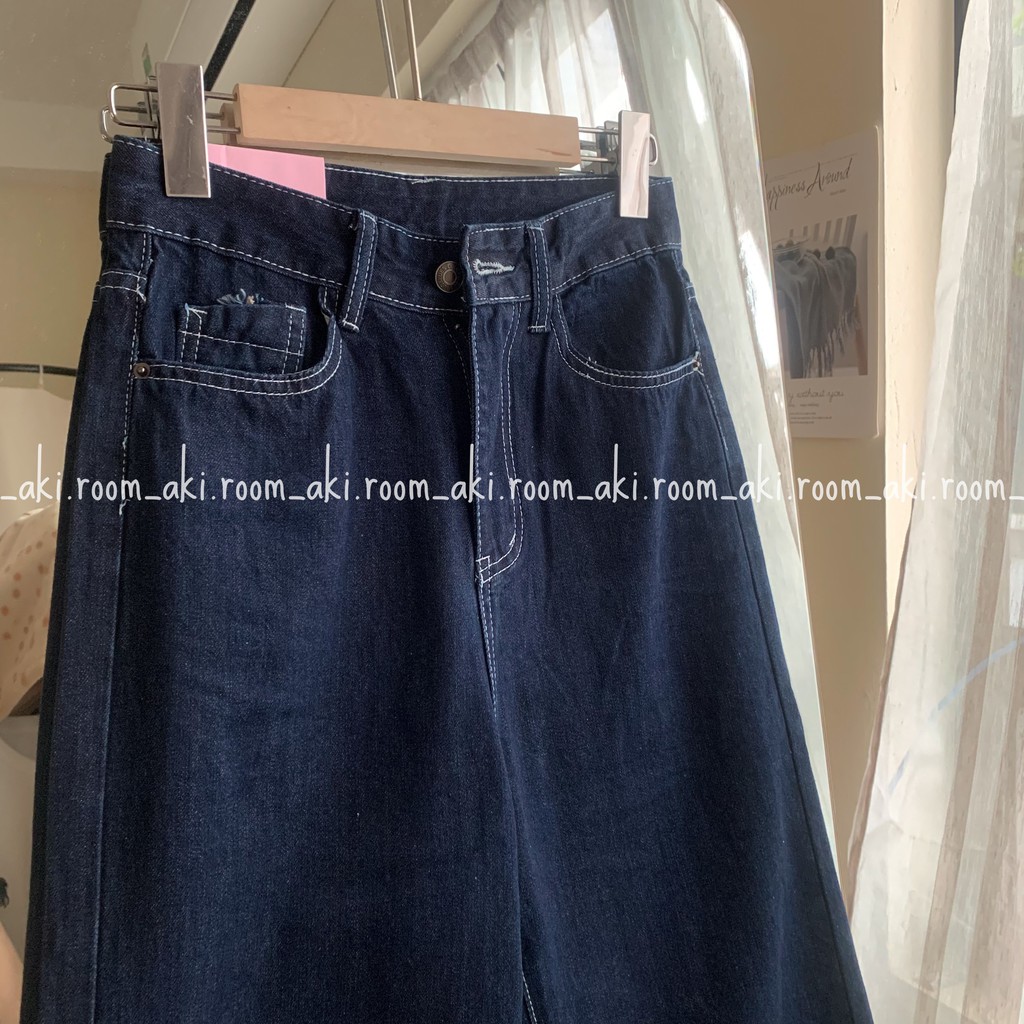 Quần jeans ống suông chỉ nổi tua rua gấu Fanegu 3990 (Xanh đậm)