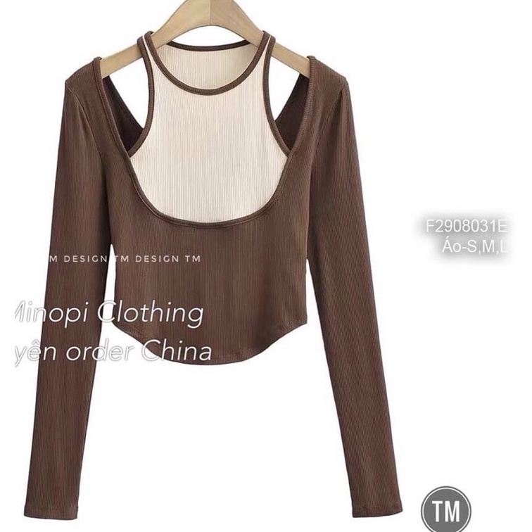 Áo kiểu dài tay phối yếm màu khoét vai CHẤT TT3008