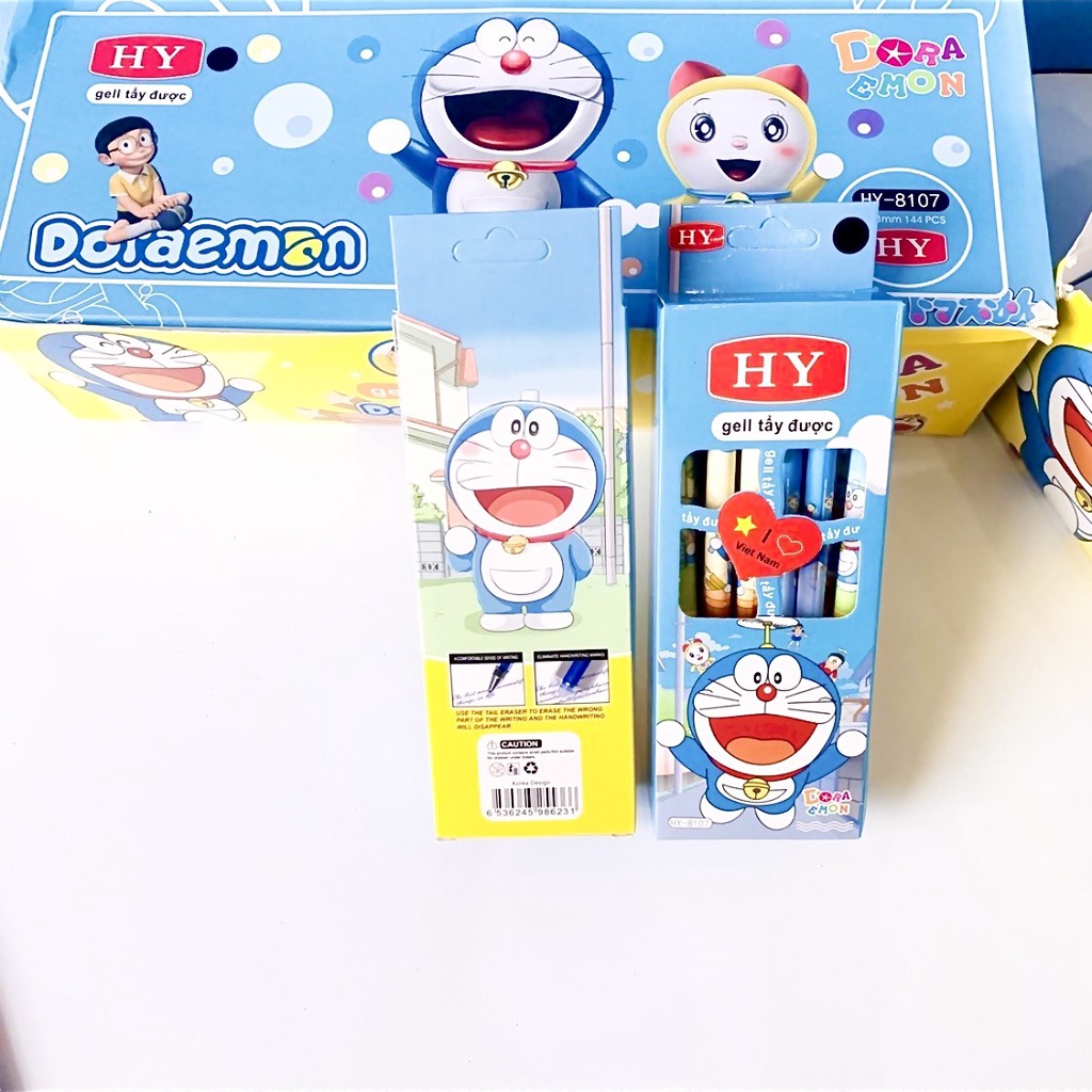 Hộp 12 cây bút Gel hình Doaremon tẩy xoá được thần kì có 3 màu xanh,tím,đen
