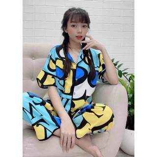 Bộ pijama lụa cộc tay nữ cao cấp, bộ đồ ngủ nữ mùa hè, quần dài