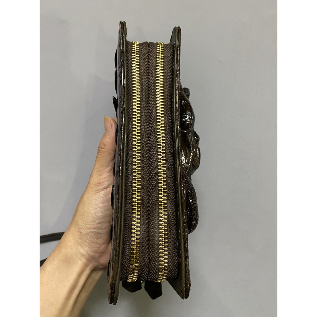 VÍ CẦM TAY NGUYÊN CON CÁ SẤU THẬT 100% 2 DÂY KÉO 22X12CM