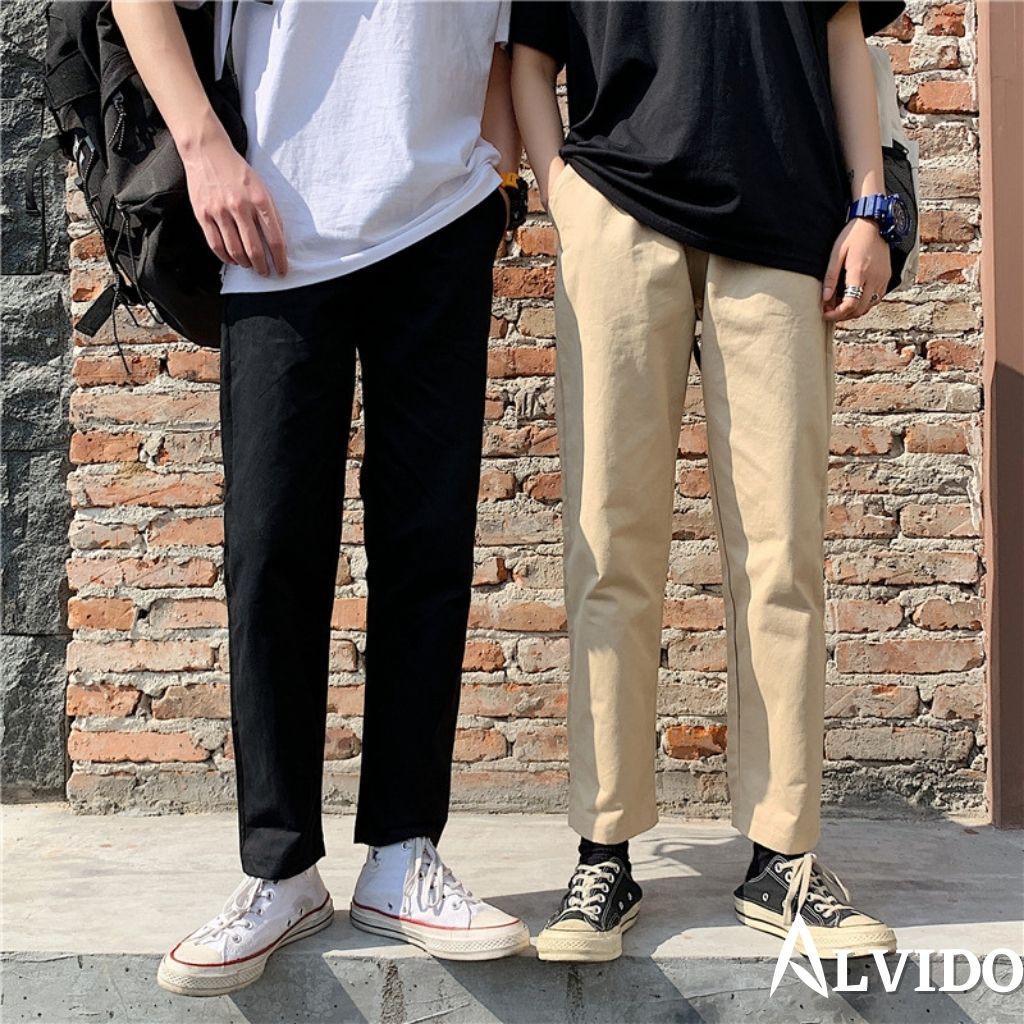 Quần baggy kaki nam ALVIDO hàn quốc Ống Suông Unisex - Kiểu quần kaki đen và be QD05
