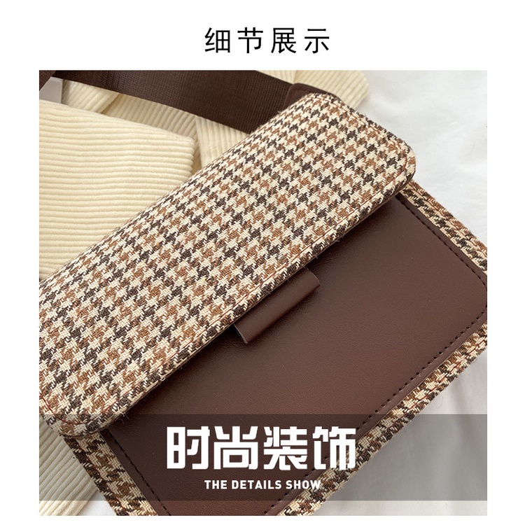 Túi đeo chéo nữ hình vuông nhỏ họa tiết caro phong cách Hong Kong thời trang mùa đông 2022