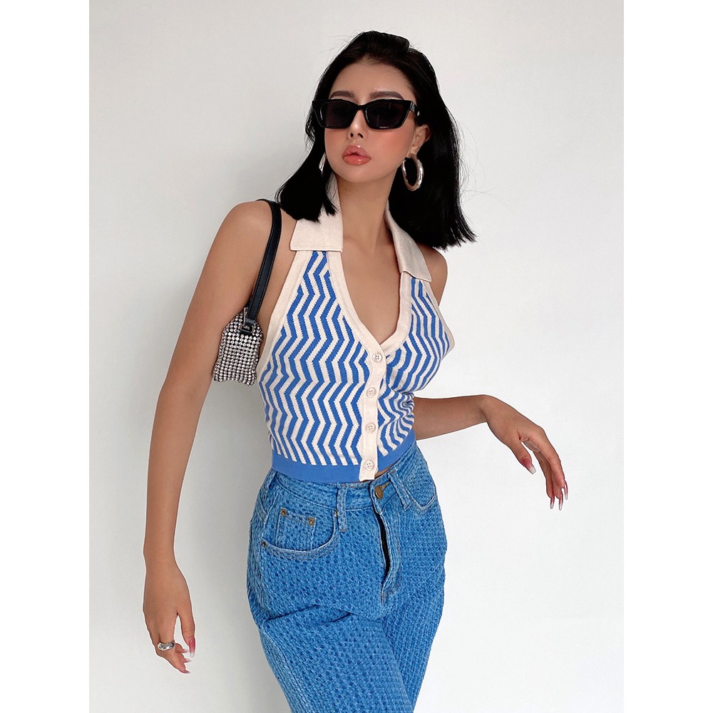 Crop top sexy V-neck suspender striped lapel knit vest