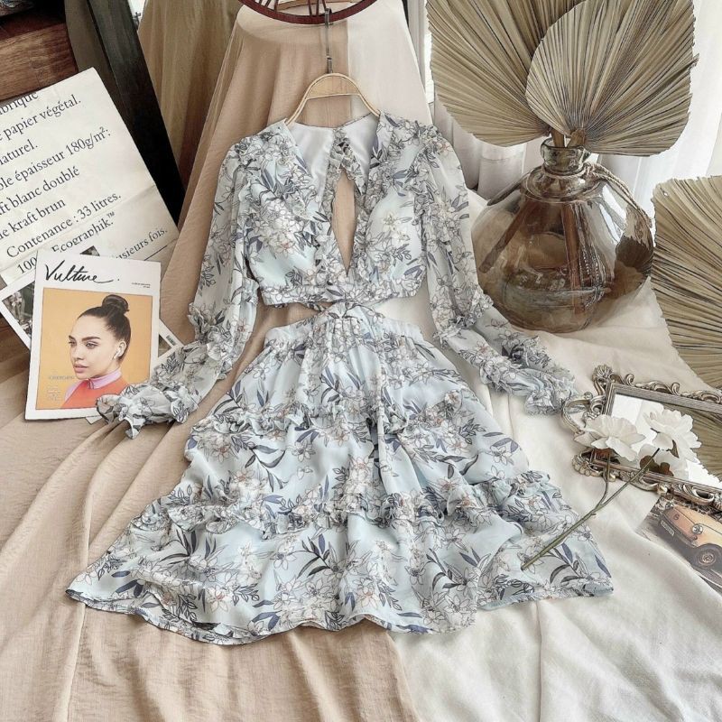 ẢNH THẬT - ĐẦM HOA CỔ V KHOÉT EO HỞ LƯNG | BigBuy360 - bigbuy360.vn