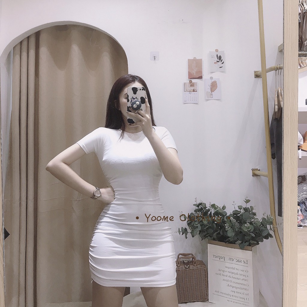 [Mã SKAMSALEP6 giảm 10% tối đa 100K đơn 150K] Váy Body cổ tròn nhún hông TAY CỘC [ ẢNH THẬT SHOP CHỤP ] | BigBuy360 - bigbuy360.vn