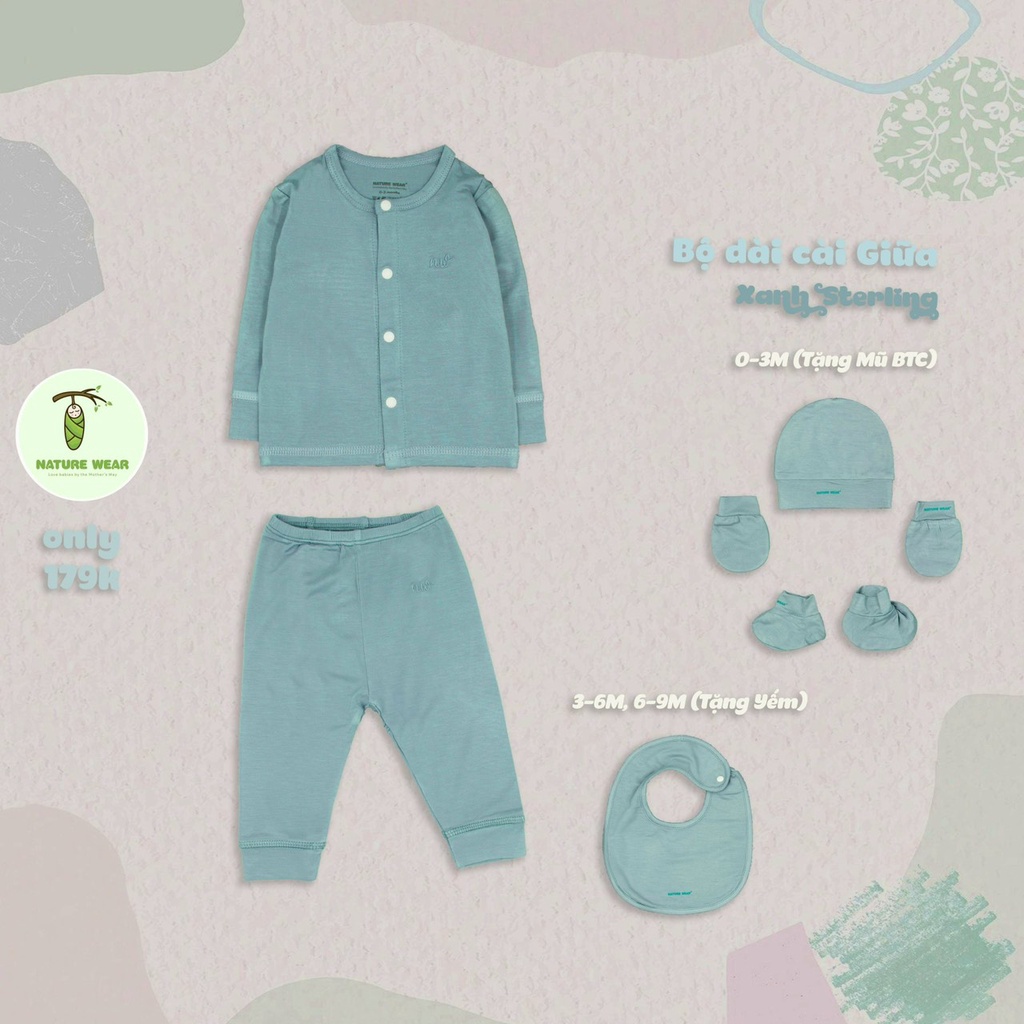 BỘ SƠ SINH DÀI TAY CÀI GIỮA SỢI TRE Nature Wear ,MỀM MẠI VÀ ẤM ÁP (Tặng kèm mũ bao tay chân hoặc yếm)