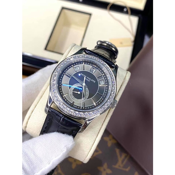 Đồng hồ Nam Ptek vành đá trăng sao máy nhật chạy cơ Automatic có thứ ngày tháng vỏ trắng dây da