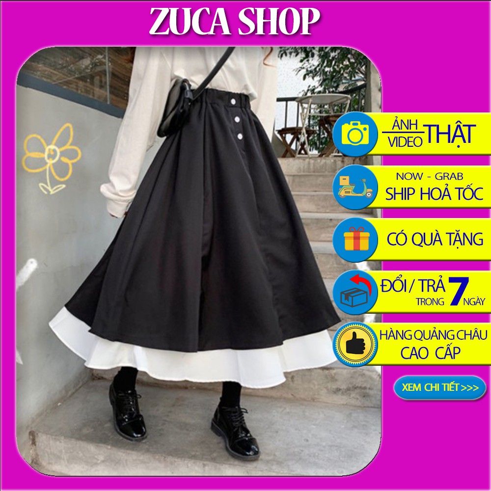 Chân váy dài cạp cao phối cúc, chân váy ulzzang dáng xòe siêu xinh