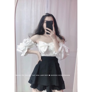 Set áo bẹt vai nơ phối chân váy tầng