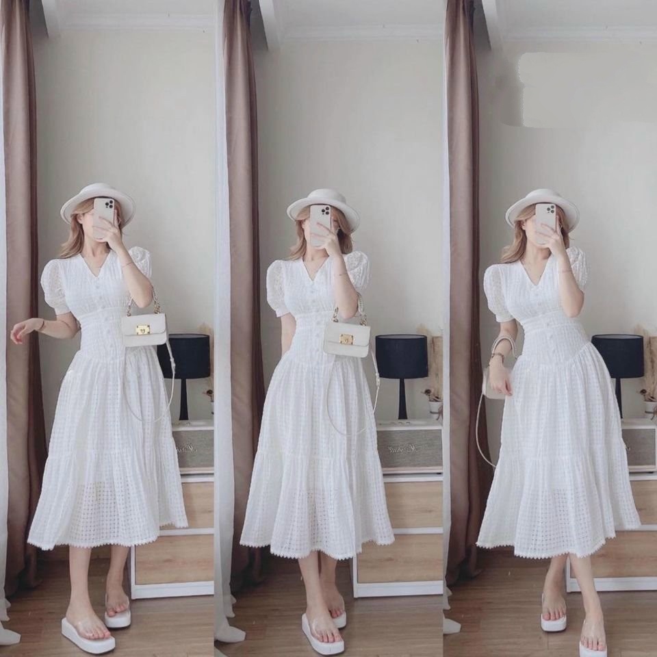 Đầm trắng xòe phối nút bọc xinh xắn đáng yêu White Dress