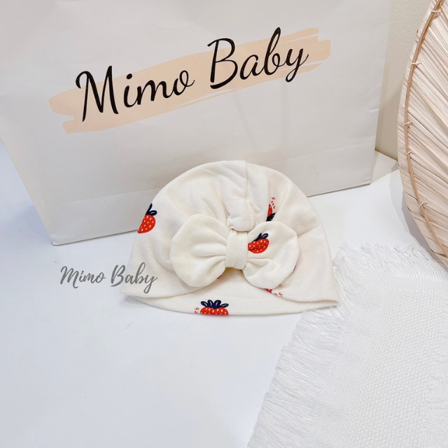 Mũ nón turban màu trắng kem họa tiết quả dâu xinh xắn cho bé MTB88 Mimo Baby