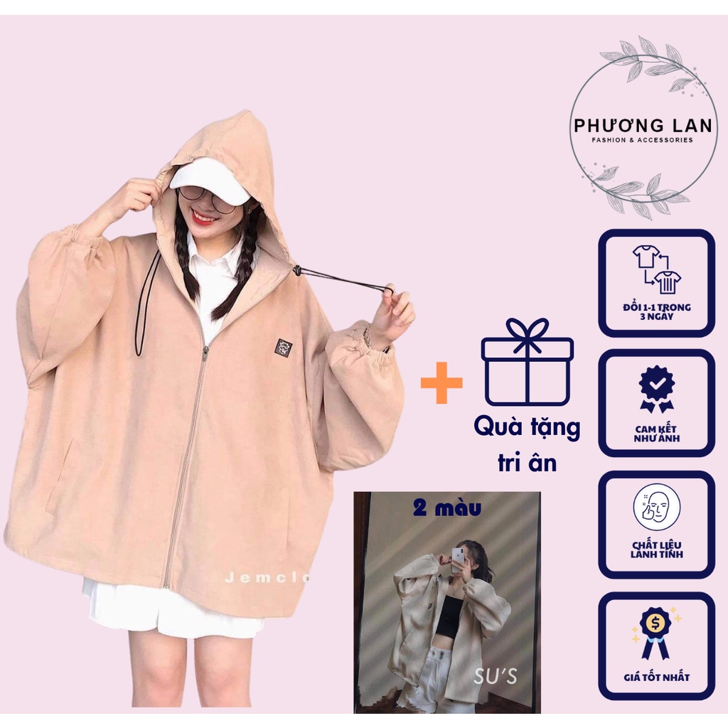Áo hoodie 🌸 Áo khoác PHULA có mũ form rộng có khóa kéo unisex hai màu SỮA BE dành cho nữ chất nỉ tàu Ulzzang