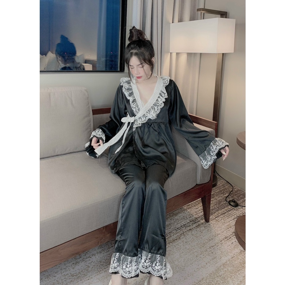Đồ Ngủ, Pijama Kimono Tiểu Thư Tay Loe Phối Ren Chất Lụa Siêu Xinh - Đồ Bộ Nữ Mặc Nhà Freesize