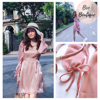 Đầm hồng voan tơ organza cổ vuông xinh xắn