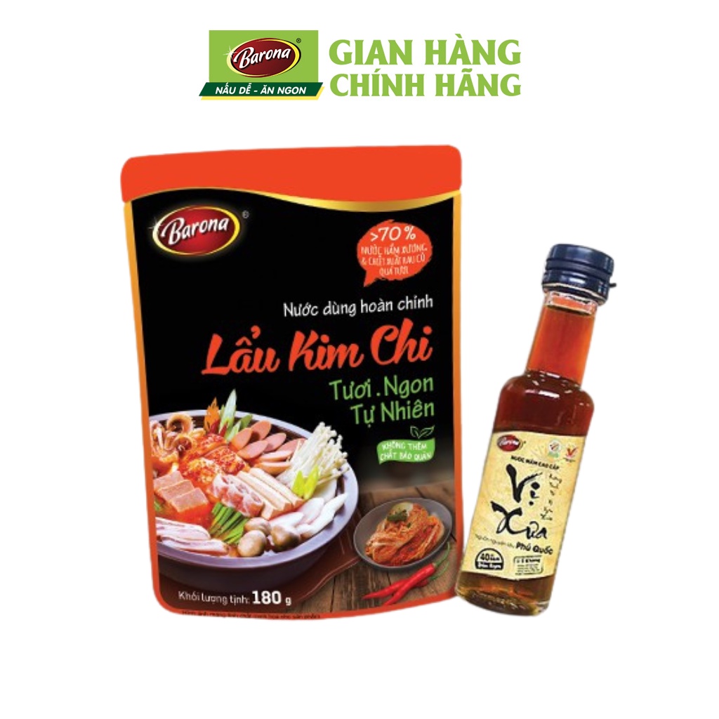 Combo 1 Gói Nước Dùng Lẩu Kim Chi Barona 180g và 1 chai Nước Mắm Phú Quốc Cao Cấp Vị Xưa 40 độ đạm 50ml