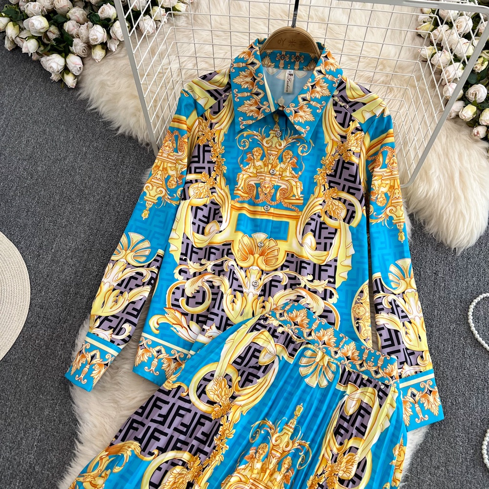 #2286  Set áo sơ mi tay dài + chân váy dài xếp ly dài có size