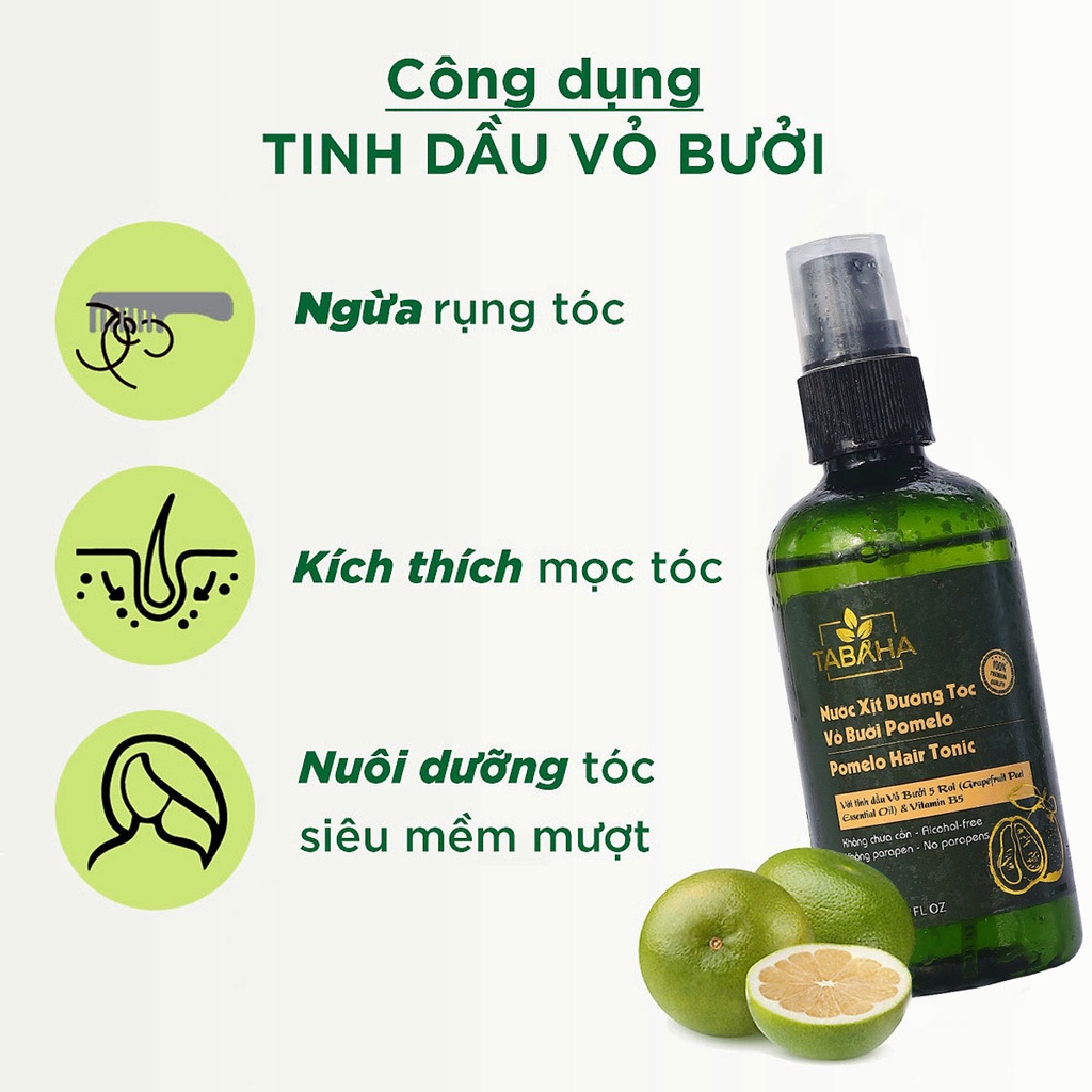 Nước xịt dưỡng tóc tinh dầu vỏ bưởi Tabaha 120ml giảm rụng tóc cho mẹ sau sinh