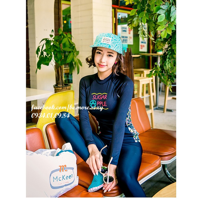 Đồ bơi dài tay Hàn Quốc xanh navy viền họa tiết | BigBuy360 - bigbuy360.vn