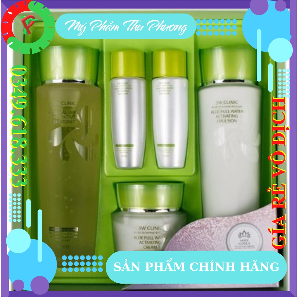 Bộ mỹ phẩm Hàn Quốc Lô Hội Nha Đam cao cấp dưỡng trắng giữ da Set 3W Clinic Aloe Full Water Activating Skin Care