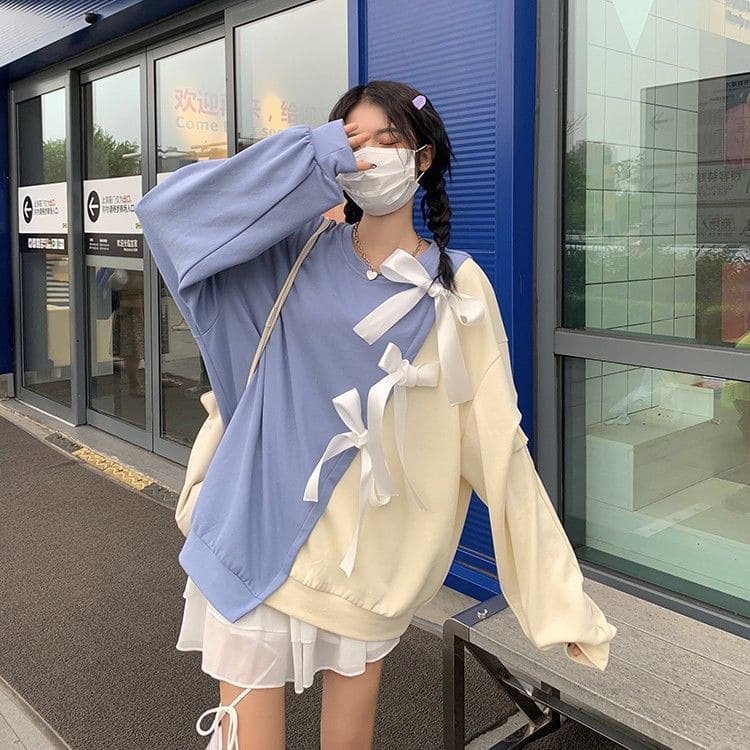 (Order) Áo nỉ áo sweater nữ phối nửa màu kem xanh thắt nơ xinh hot trend siêu phẩm Douyin có size
