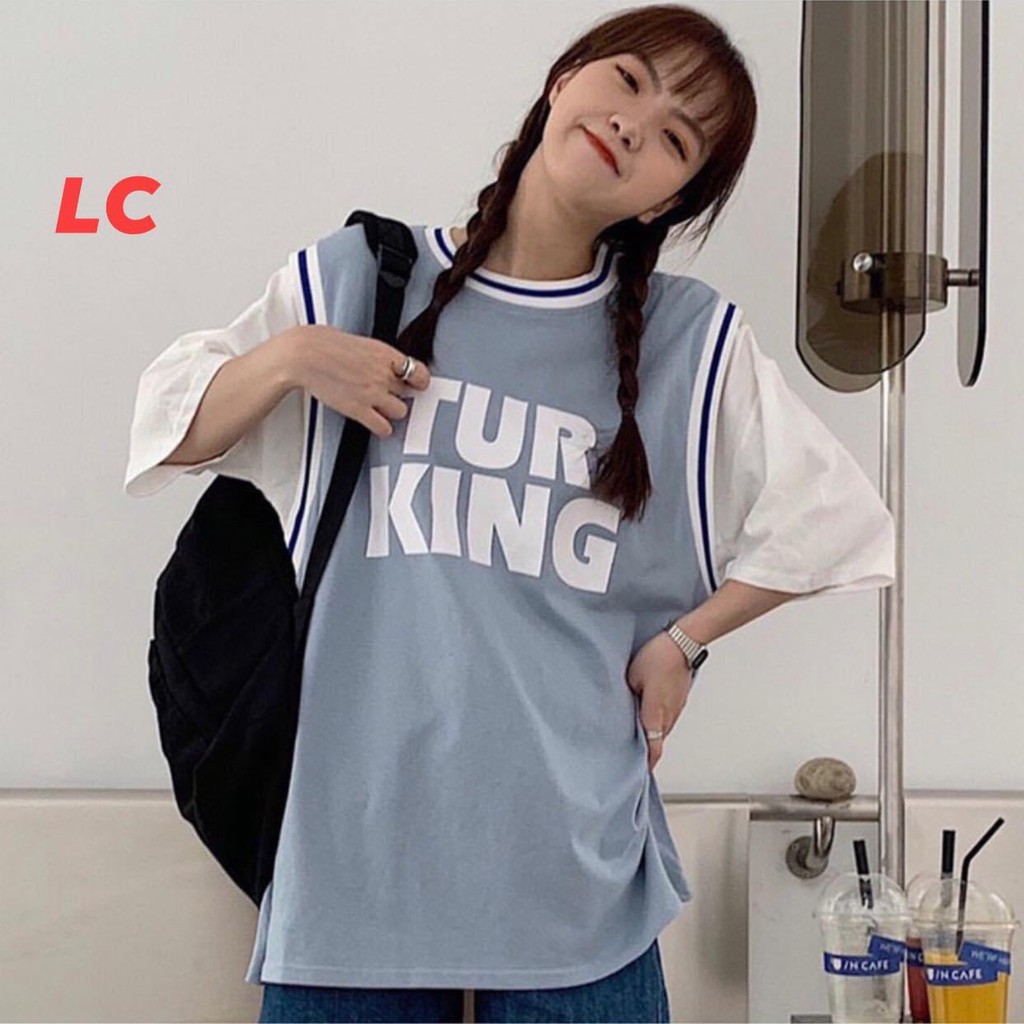 Áo phông phối tanktop bóng rổ tay lỡ unisex form rộng Tur King nam nữ màu xanh pastel cực lạ basics tee thun oversize | BigBuy360 - bigbuy360.vn