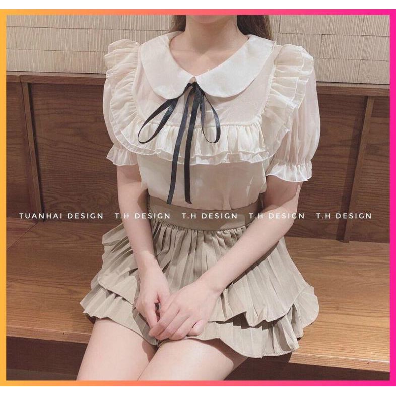 Áo sơ mi tơ cổ sen bèo nhún cộc tay xinhh, Áo sơ mi bánh bèo kèm nơ - MOONMY