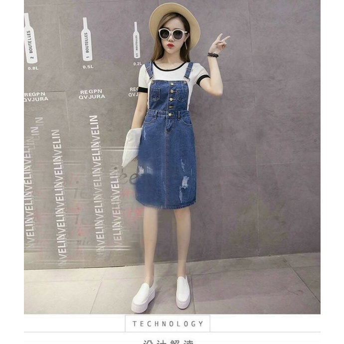 Đầm jean suông yếm 2 dây xẻ tà sau, váy bò xuông trẻ trung xinh xắn - KHV