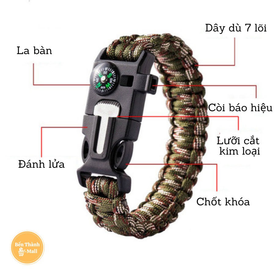 Vòng Tay Sinh Tồn, Paracord Đa Chức Năng- La Bàn- Lưỡi Cưa - Còi Kêu Cứu - Đánh lửa