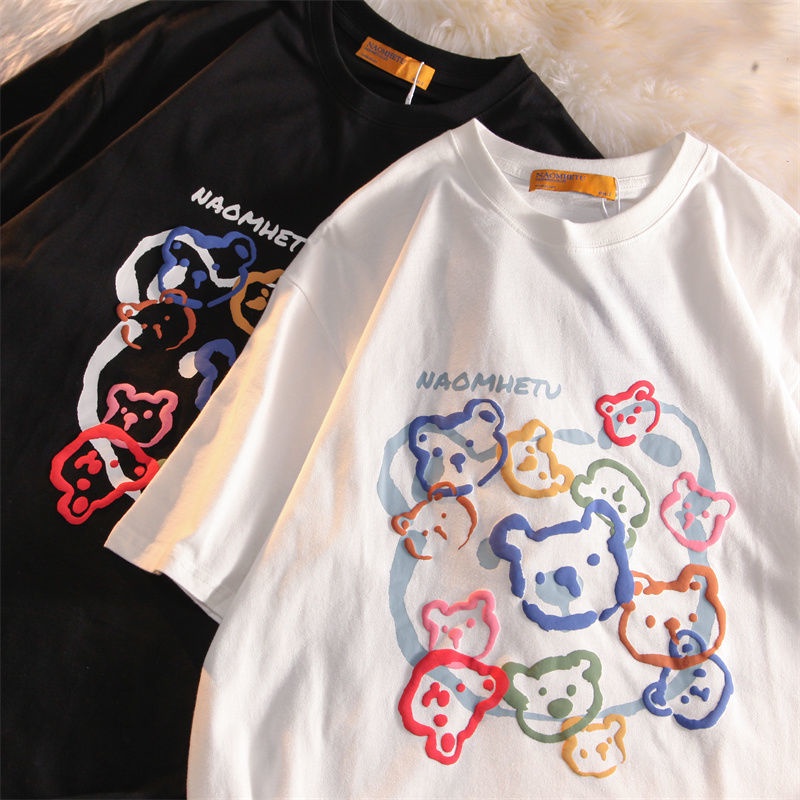 Áo Thun Cotton Tay Ngắn Dáng Rộng In Họa Tiết Gấu Hoạt Hình Dễ Thương Thời Trang Mùa Hè Cho Bé