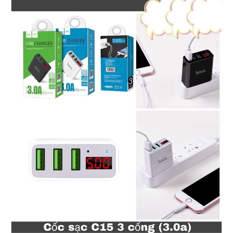 CỦ SẠC NHANH HOCO C15 + 3USB + LCD LED BÁO DÒNG + FULL BOX + CHÍNH HÃNG BH 12 THÁNG