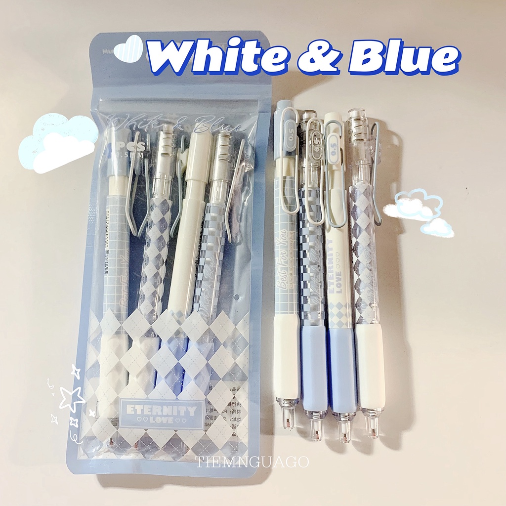 Bút gel MURA mực đen ngòi kim cao cấp 0.5mm - White & Blue - Tiệm Ngựa Gỗ