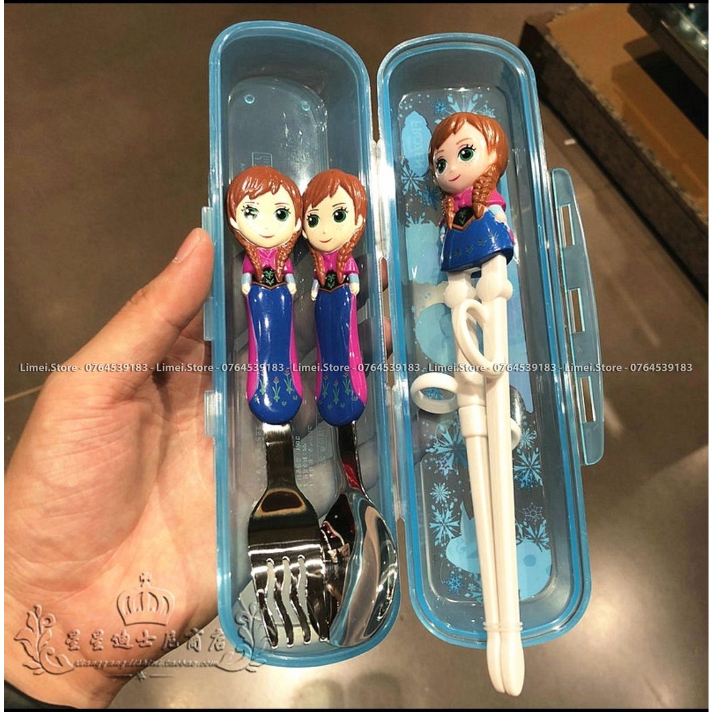 Set hộp đũa muỗng nĩa tập ăn nhựa 3D Frozen Car95 Mickey Sully Mike Princess Disney cho trẻ em bé trai gái