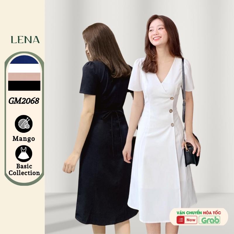 Đầm dự tiệc dáng xòe tay phồng cổ V nút gỗ - Váy nữ dự tiệc LENA trẻ trung xinh đẹp GM2068