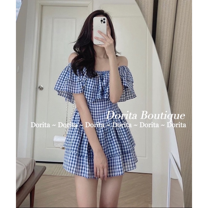Váy trễ vai caro Daisy tay bồng Hàn Quốc, Đầm Caro xanh Daisy - Dorita Boutique | BigBuy360 - bigbuy360.vn