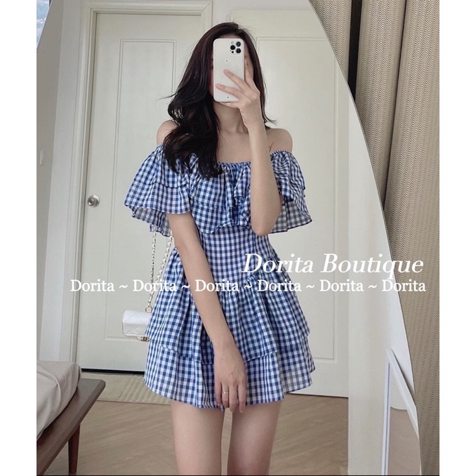 Váy trễ vai caro Daisy tay bồng Hàn Quốc, Đầm Caro xanh Daisy - Dorita Boutique | WebRaoVat - webraovat.net.vn