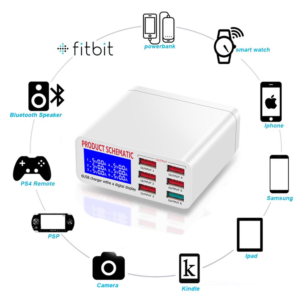 Cốc Sạc Nhanh 8a Qc3.0 6 Cổng Màn Hình Lcd Cho Điện Thoại / Máy Tính Bảng