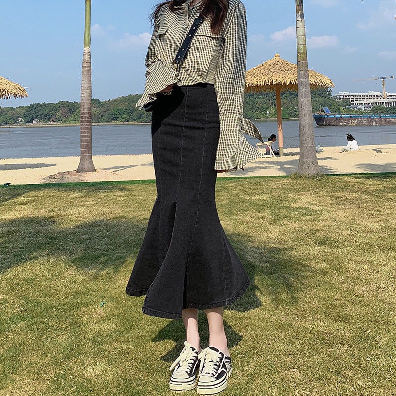 Chân váy jean Đuôi Cá Lưng Cao Thời Trang Dành Cho Nữ