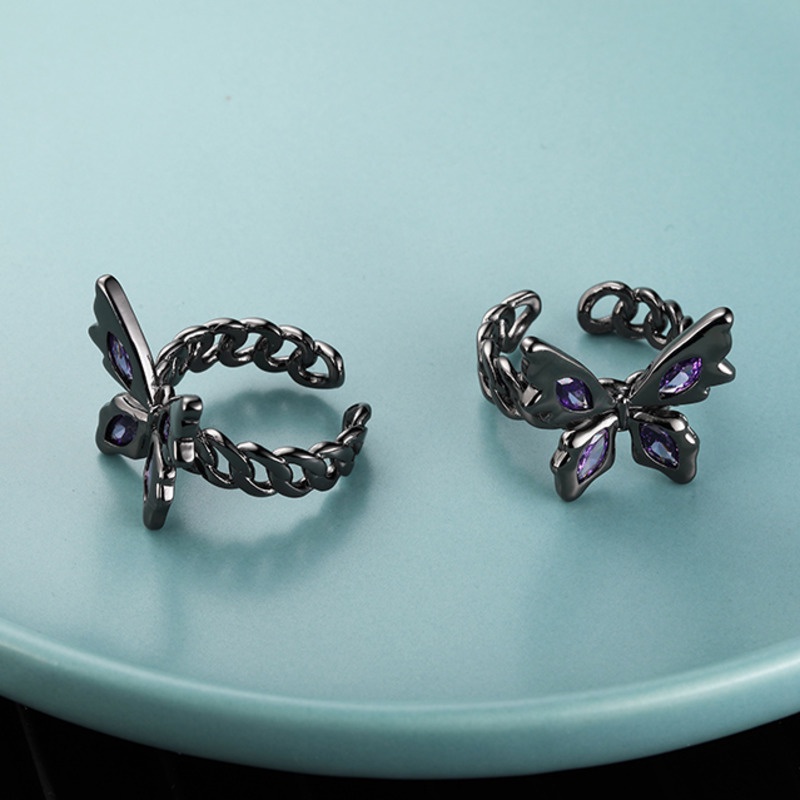 Nhẫn Hở Hình Bướm Màu Đen / Tím Đính Đá Tím Phong Cách vintage Hàn Quốc Thời Trang