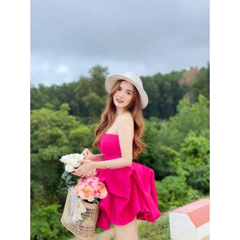 Ms1235T Đầm suông bí hoa hồng cúp ngực xinh xắn - Đầm thiết kế đi tiệc nổi bật