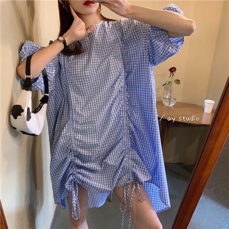 Đầm Dáng Rộng Tay Phồng Họa Tiết Sọc Caro Thiết Kế Dây Rút Thời Trang Mùa Hè Hàn Quốc Mới