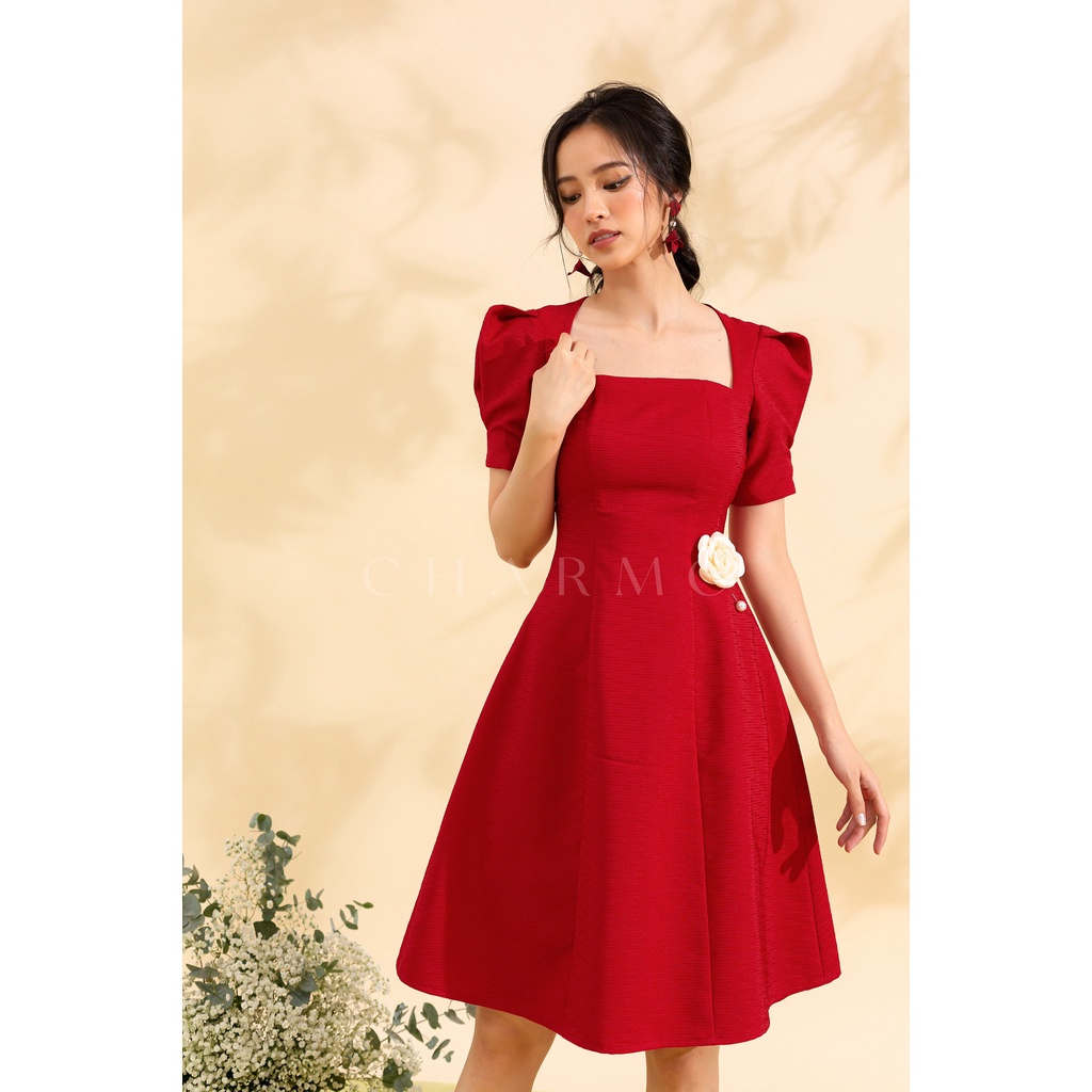 Đầm cổ vuông CHARMO tay phồng dáng xòe vải bố gân sang trong không kèm hoa Elly Dress