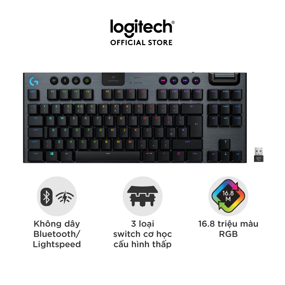 [Mã ELLOGIWL5 giảm 10% đơn 500K] Bàn phím cơ gaming không dây Logitech G913 TKL – Không phím số, Bluetooth/USB, RGB